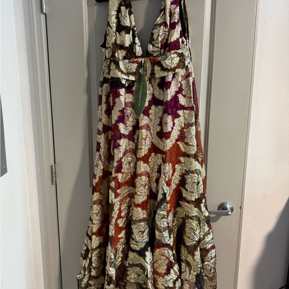 FARM Rio Metallic Floral Halter Maxi Dress in Burgundy, Rust, Gold